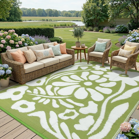 Lahome 8'x10' Outdoor Beach Rug - Waterproof Reversible Floral Straw Mat,Large Foldable Carpet for Backyard, Deck & Picnic (Green Floral)