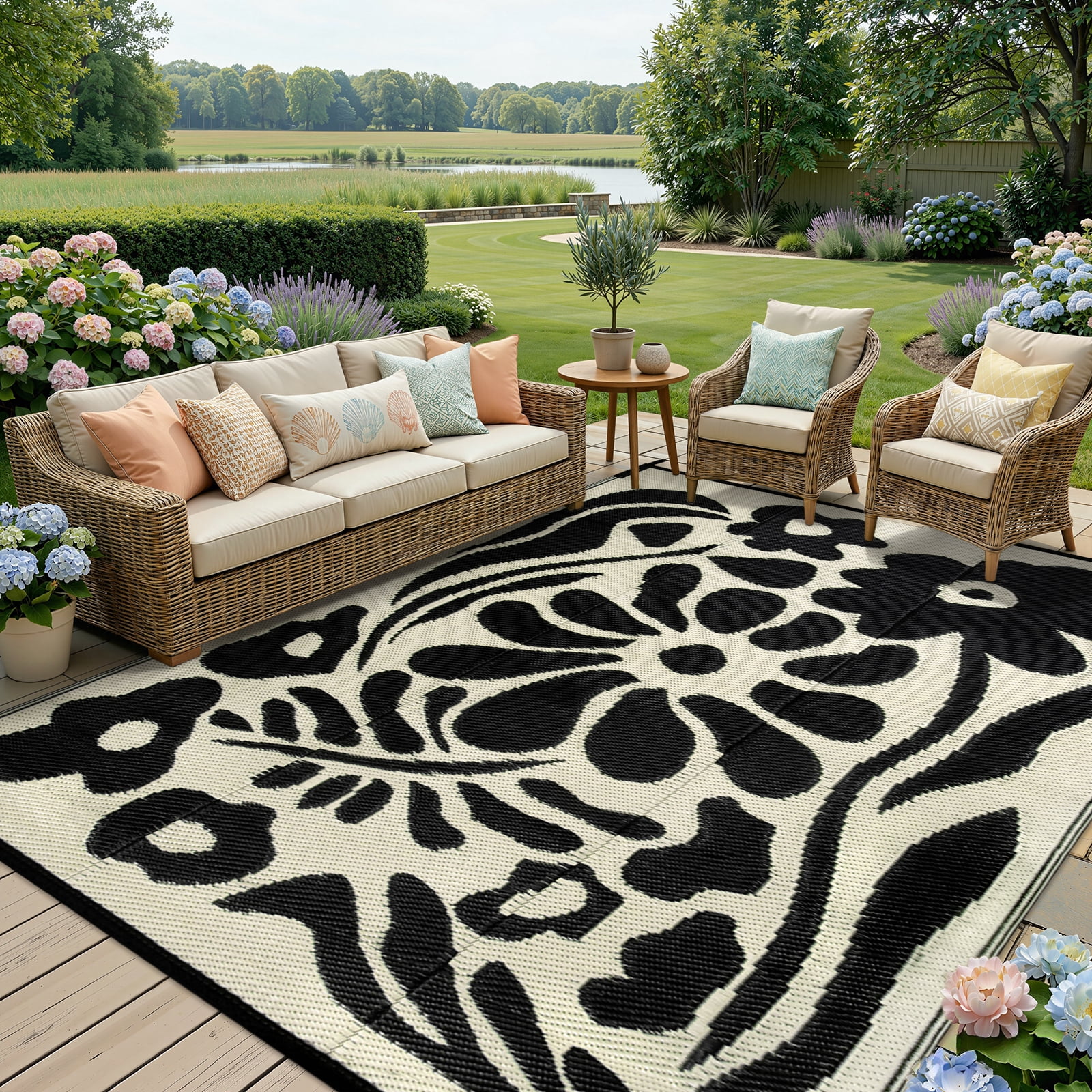 Lahome 8'x10' Outdoor Patio Rug - Waterproof Reversible Straw Mat,Lightweight Abstract Floral Carpet for Backyard, RV & Beach (Black & White)