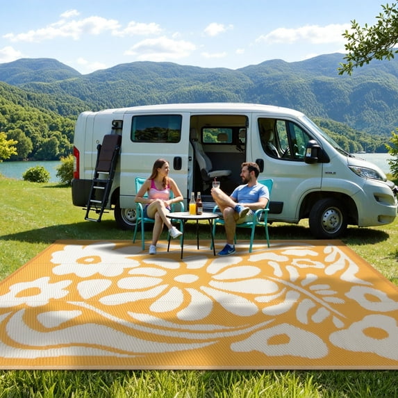 Lahome 8'x10' Outdoor RV Rug - Waterproof Reversible Orange Floral Straw Mat,Large Foldable Carpet for Backyard, Deck & Beach (Orange)