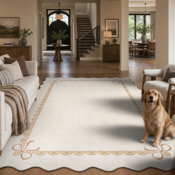 Lahome 8'x10' Scalloped Bow Rug for Living Room ,Area Rug 8x10ft ,Non Slip Machine Washable Rugs ,Solid Beige Rug Low Pile Boho Rug for Bedroom Dining Room Office Farmhouse,Beige