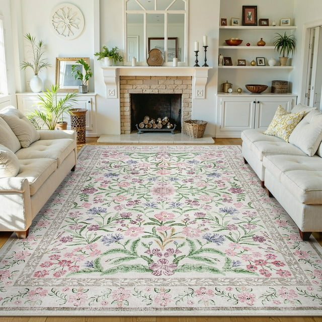 Lahome 8'x10' Floral Washable Rugs for Living Room, Non Slip Bedroom Rug with Rubber Backing, Soft Ultra Thin Carpet for Nursery Playroom