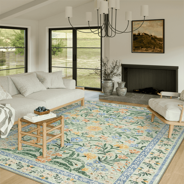 Lahome 8'x10' Washable Area Rug for Living Room with Non Slip Backing,Traditional Boho Rug,Low Pile Lightweight Carpet,Floral Print Mat,Better Home,Washable Machine for Bedroom,Green