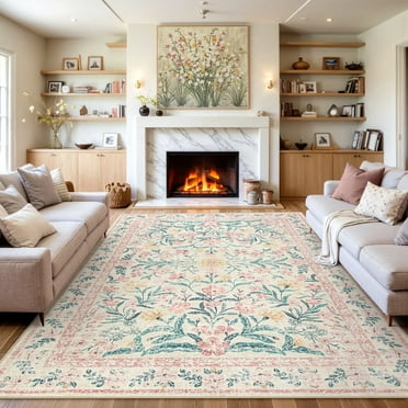 Lahome 8'x10' Washable Area Rug for Living Room with Non Slip Backing,Traditional Boho Rug,Low Pile Lightweight Carpet,Floral Print Mat,Better Home,Washable Machine for Bedroom,Pink