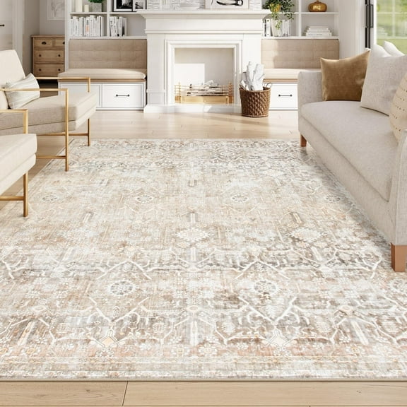 Lahome 8'x10'Washable Area Rug , Neutral Boho Rugs for Living Room Rugs,Non Slip Farmhouse Modern Bedroom Carpet Stain Resistant Aesthetic Print Accent Floor Rug for Dining Guest Office - Beige
