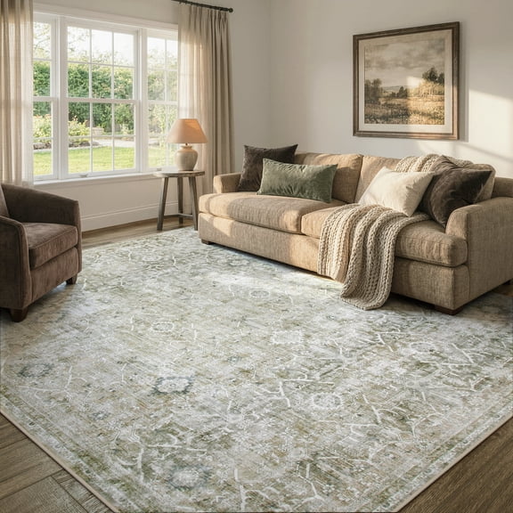 Lahome 8'x10'Washable Large Area Rug for Living Room,Neutral Boho Washable Area Rug 8x10 Non Slip Modern Farmhouse Bedroom Carpet Stain Resistant Low Pile Print Floor Rug for Dining Office, Kahaki