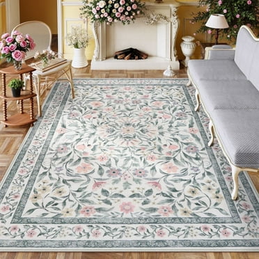 Lahome 8'x10' Floral Washable Rugs for Living Room, Non Slip Bedroom Rug with Rubber Backing, Grey Soft Ultra Thin Carpet for Nursery Playroom