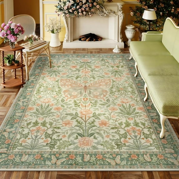Lahome 8x10 Butterfly Washable Rugs for Living Room, Large Soft Ultra Thin Grass Green Boho Bedroom Rug, Non Slip Floral Carpet for Nursery Dorm Indoor
