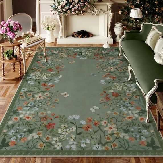 Lahome 8x10 Floral Washable Rugs for Living Room, Large Green Non Slip Bedroom Rug with Rubber Backing , Soft Ultra Thin Carpet for Dorm Playroom Indoor
