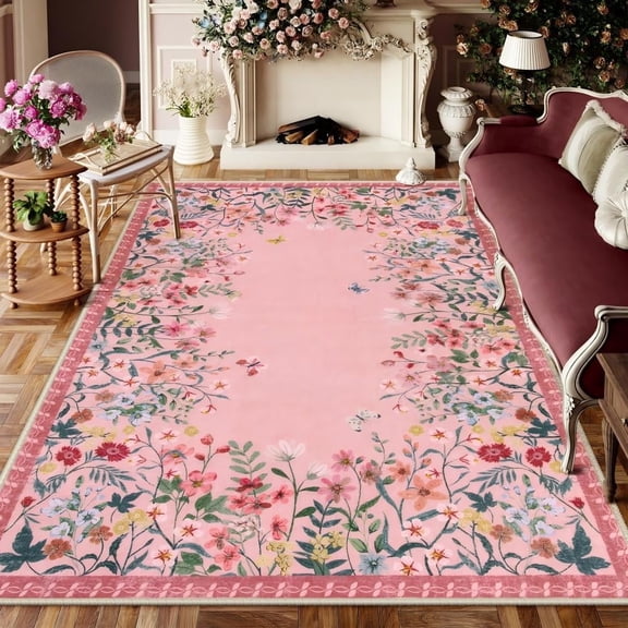 Lahome 8x10 Floral Washable Rugs for Living Room, Large Pink Non Slip Girls Bedroom Rug with Rubber Backing , Soft Carpet Ultra Thin for Dorm Nursery Indoor