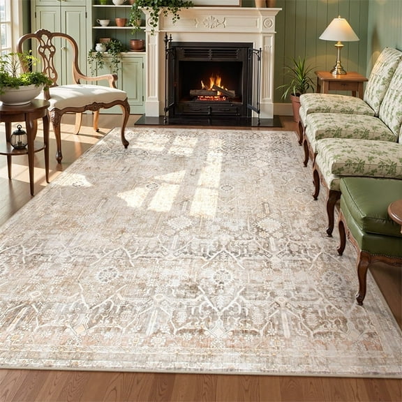 Lahome 9'x12'Washable Large Area Rug for Living Room,Neutral Boho Washable Area Rug 9x12 Non Slip Modern Farmhouse Bedroom Carpet Stain Resistant Low Pile Print Floor Rug for Dining Office, Kahaki