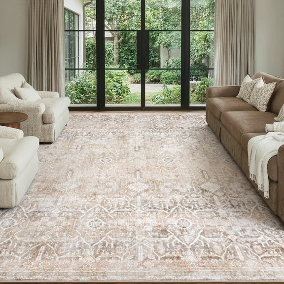 Lahome 9'x12'Washable Large Area Rug for Living Room,Neutral Boho Washable Area Rug 9x12 Non Slip Modern Farmhouse Bedroom Carpet Stain Resistant Low Pile Print Floor Rug for Dining Office, Kahaki