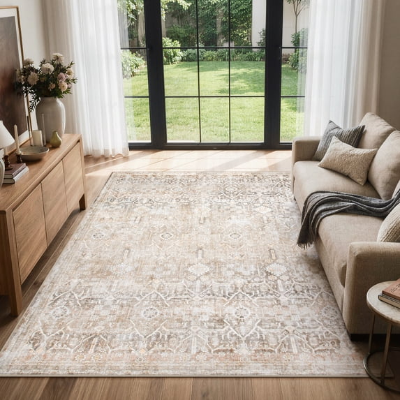 Lahome Area Rug for Living Room 5'x7', Machine Washable Neutral Farmhouse Rugs for Bedroom, Soft Non-Slip Low Pile Indoor Floor Accent Carpet for Office Entryway Nursery Dining Room - Beige