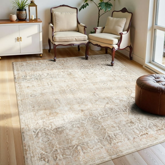 Lahome Area Rug for Living Room 5'x7', Machine Washable Neutral Farmhouse Rugs for Bedroom, Soft Non-Slip Low Pile Indoor Floor Accent Carpet for Office Entryway Nursery Dining Room - Beige