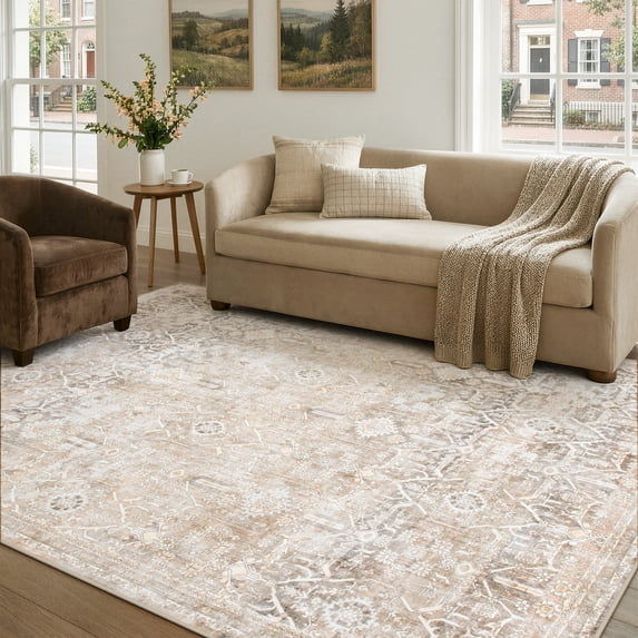 Lahome Area Rug for Living Room 6'x9', Machine Washable Neutral Farmhouse Rugs for Bedroom, Soft Non-Slip Low Pile Indoor Floor Accent Carpet for Office Entryway Nursery Dining Room - Beige