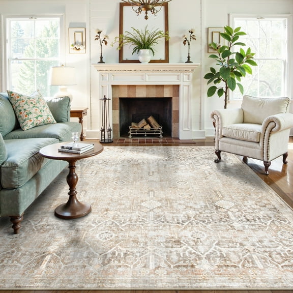 Lahome Area Rug for Living Room 6'x9', Machine Washable Neutral Farmhouse Rugs for Bedroom, Soft Non-Slip Low Pile Indoor Floor Accent Carpet for Office Entryway Nursery Dining Room - Beige