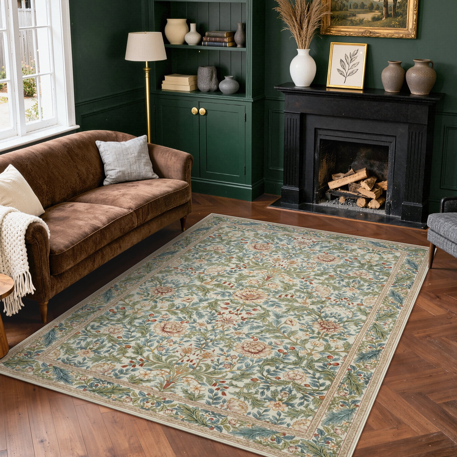 Lahome Beige 5x7 Boho Area Rugs for Living Room, Large Flower Stain Resistant Machine Washable Rugs for Bedroom, Non Slip Carpet for Dining Room Home Office