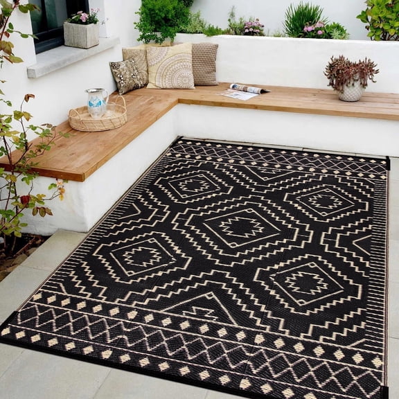 Lahome Black & Beige Moroccan Outdoor Rug 5x8 - Waterproof & Reversible Plastic Straw Patio Mat for Deck, Balcony, Porch, RV Camping Area