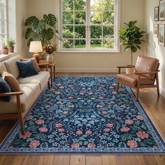 Lahome Washable 5'x7' Area Rug, Blue Floral Rugs for Living Room, Non-Slip Soft Ultra Thin Boho Carpet for Bedroom Dining Room Under Table, Botanical Home Office Decor, Blue