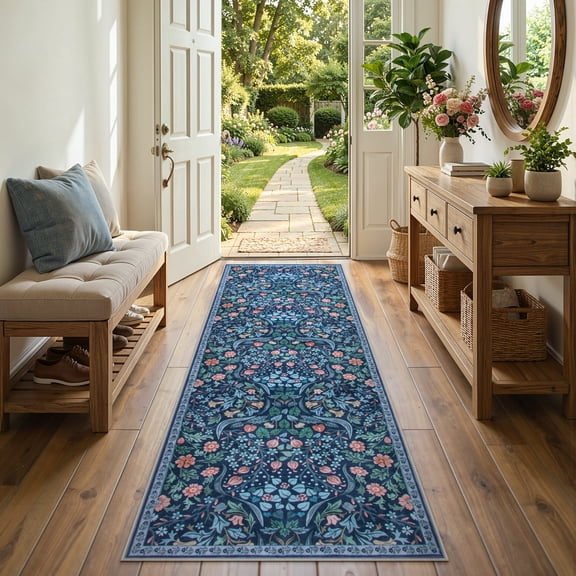 Lahome Washable 2'x6' Floral Runner Rug, Blue Boho Runners for Kitchen Hallway, Non-Slip Soft Botanical Carpet for Bathroom Laundry Entryway, Ultra Thin Throw Mat, Blue