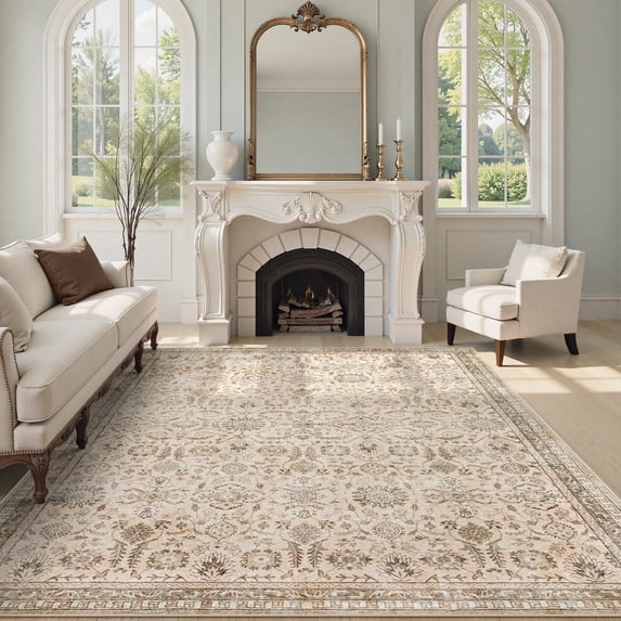 Lahome Boho Beige Area Rug 8x10, Traditional Tan Floral Area Rugs for Bedroom, Machine Washable Living Room Mats, Soft Non-Slip Room Carpet for Office Apartment Nursery, Soft Amber