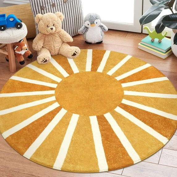Lahome Boho Round Rugs,4ft Washable Non-Slip Small Round Area Rug Throw Soft Sofa Kids Nursery Room Rug Rainbow Sun Print Distressed Round Carpet for Bedroom Entryway Living Room Dining Room