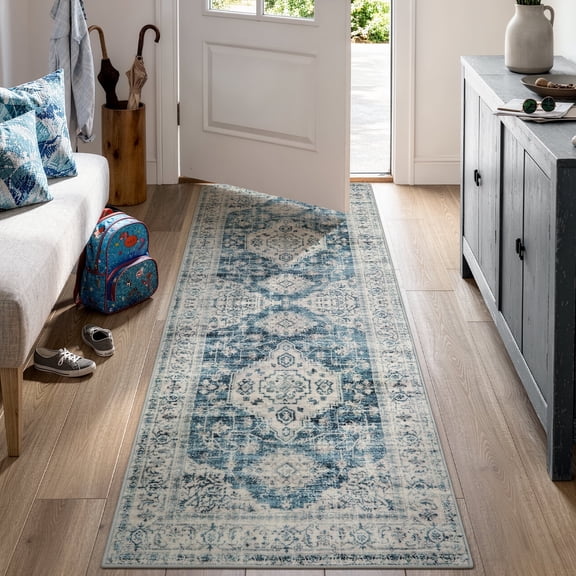 Lahome Boho Washable Kitchen Runner Rug, 2x6 Bathroom Carpet Runners for Hallway 6ft Non Skid, Vintage Soft Hallway Rug for Bathroom Bedroom Entryway,Blue-gray