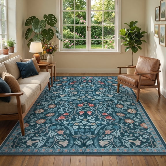 Lahome Washable 5'x7' Area Rug, Teal Floral Rugs for Living Room, Non-Slip Soft Ultra Thin Boho Carpet for Bedroom Dining Room Under Table, Botanical Home Office Decor, Teal