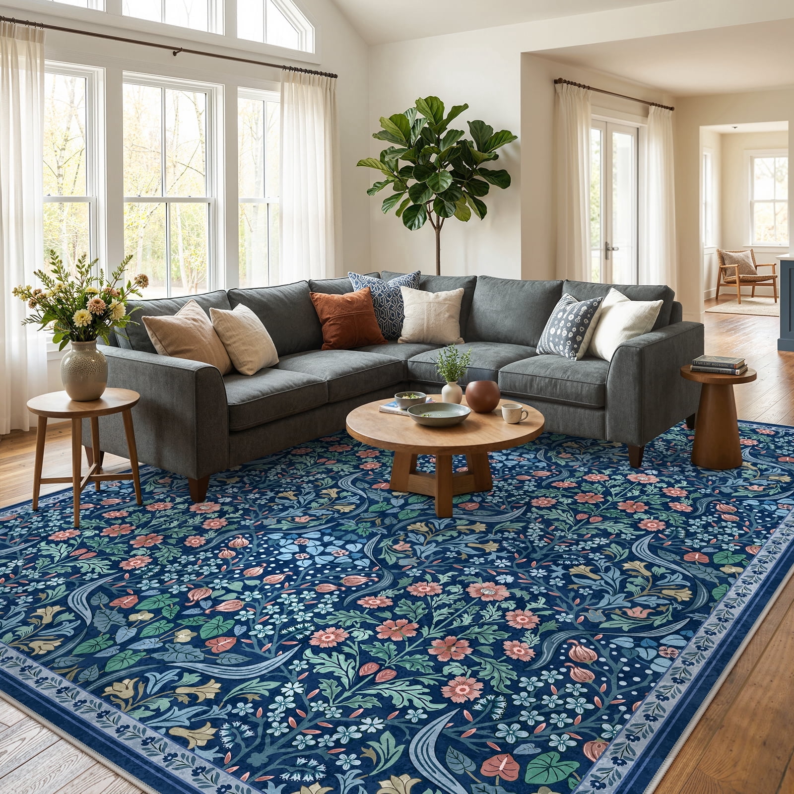 Lahome Washable 8'x10' Area Rug, Blue Floral Rugs for Living Room, Soft Non-Slip Ultra Thin Boho Carpet for Bedroom Dining Room Nursery, Botanical Large Area Rugs, Blue