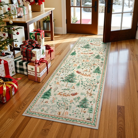 Lahome Christmas 2'x6' Soft Kitchen Hallway Runner Rugs Non Skid Washable, Long Entryway Accent Rug, Modern Holiday Decoration Floor Carpet Rugs for Bedroom Bathroom Living Room(2'x6',Beige)