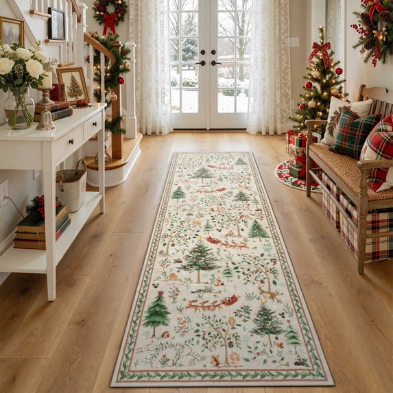 Lahome Christmas 2'x6' Soft Kitchen Hallway Runner Rugs Non Skid Washable, Long Entryway Accent Rug, Modern Holiday Decoration Floor Carpet Rugs for Bedroom Bathroom Living Room(2'x6',Beige)