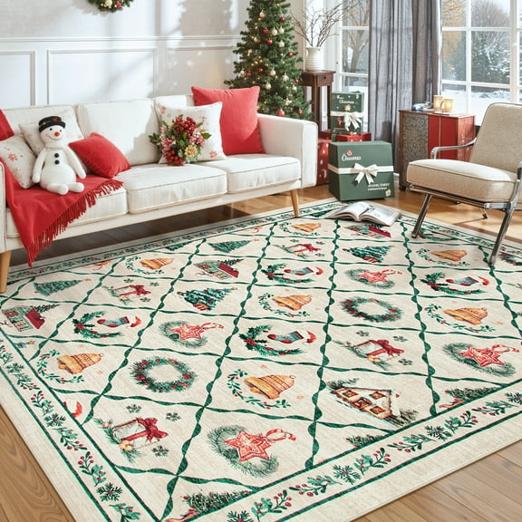 Lahome Christmas Area Rug,5'x7' Entry Rug Non-Slip Washable Indoor Door Mat for Living Room,Oriental Accent Throw Rug for Bedroom Kitchen