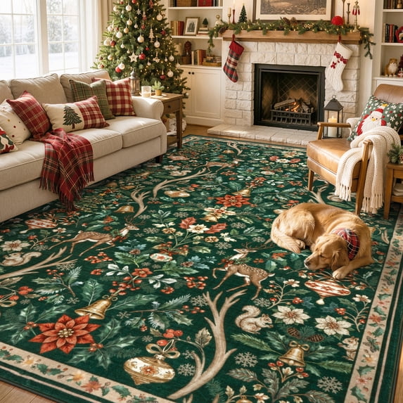 Lahome Christmas Area Rug 8'x10', Green Vintage Holiday Washable Rugs for Living Room, Non-Slip Soft Large Carpet with Xmas Trees & Elk Design for Bedroom Dining Room Home Office Nursery, Green