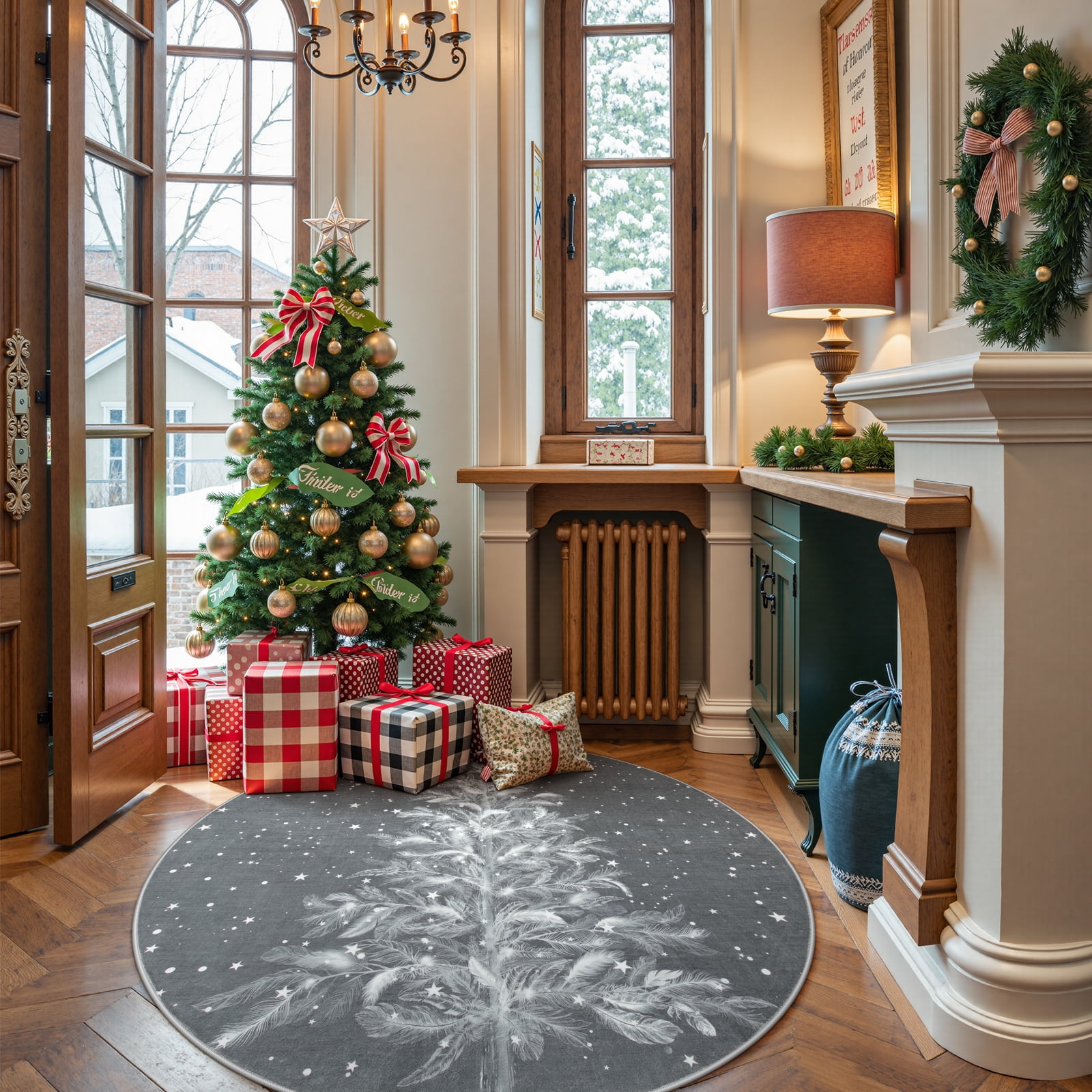 Lahome Christmas Round Area Rug,4ft Entry Rug Non-Slip Washable Indoor Door Mat for Living Room,Moroccan Holiday Xmas Decor Floor Carpet for Bedroom Kitchen Entryway Bathroom,Grey