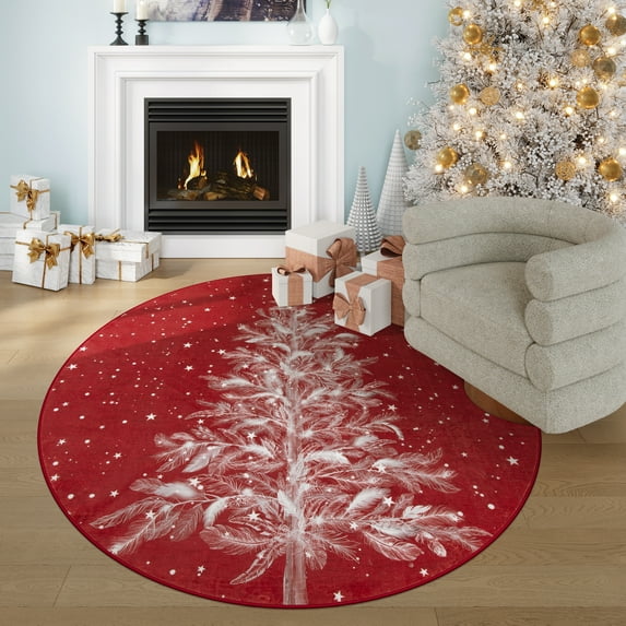 Lahome Christmas Round Area Rug,5ft Entry Rug Non-Slip Washable Indoor Door Mat for Living Room,Moroccan Holiday Xmas Decor Floor Carpet for Bedroom Kitchen Entryway Bathroom,Red