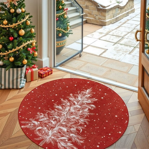 Lahome Christmas Round Rug 3ft Area Rug Red Christmas Tree Rug Washable Rug Indoor Carpet Decorative Circle Rug Round Non Slip Soft Rug Holiday Decor for Kitchen Bedroom Nursery,Red
