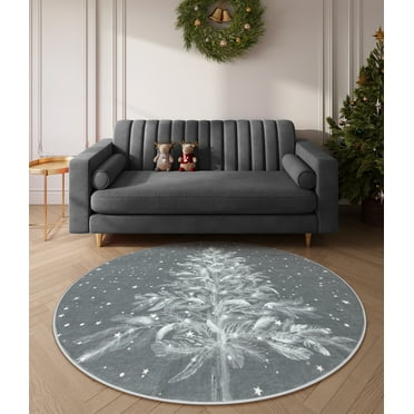 Lahome Christmas Round Rug 4ft Area Rug Red Christmas Tree Rug Washable Rug Indoor Carpet Decorative Circle Rug Round Non Slip Soft Rug Holiday Decor for Kitchen Bedroom Nursery,Gray