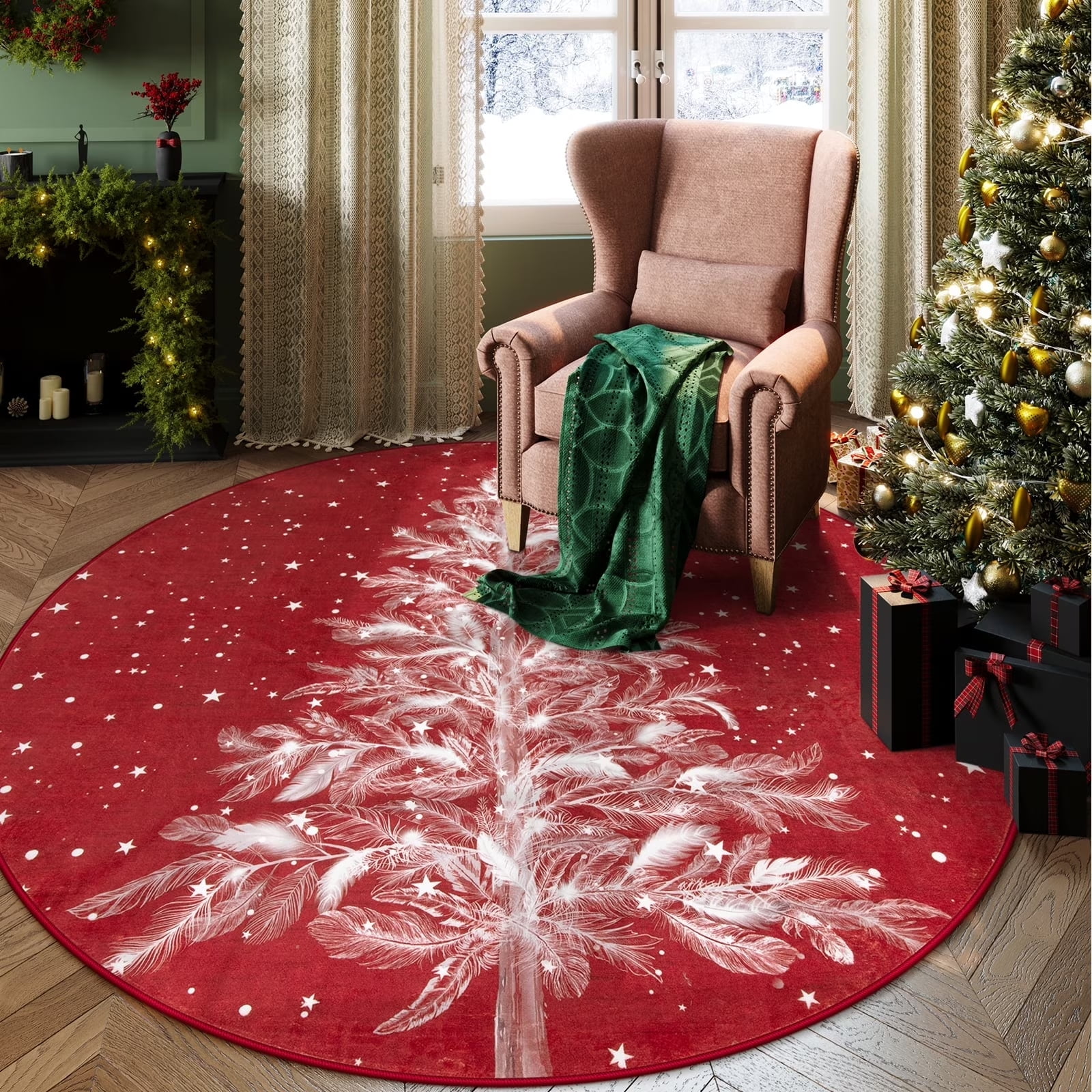 Lahome Christmas Round Rug 5ft Area Rug Red Christmas Tree Rug Washable Rug Indoor Carpet Decorative Circle Rug Round Non Slip Soft Rug Holiday Decor for Kitchen Bedroom Nursery,Red