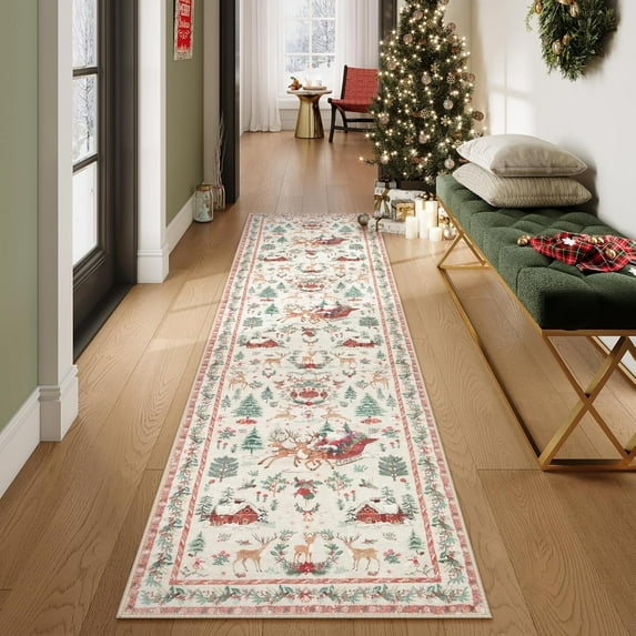 Lahome Christmas Rug,2'x10'Christmas Runner Rug,Holiday Machine Washable Non Slip Christmas Xmas Decoration Kitchen Rug Mat,Indoor Christmas Carpets for Living Room,Snowflake Rug,Beige