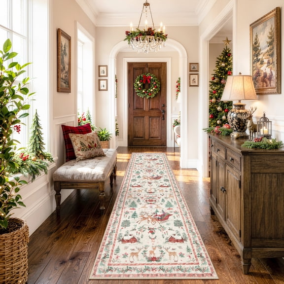 Lahome Christmas Rug,2'x10'Christmas Runner Rug,Holiday Machine Washable Non Slip Christmas Xmas Decoration Kitchen Rug Mat,Indoor Christmas Carpets for Living Room,Snowflake Rug,Beige