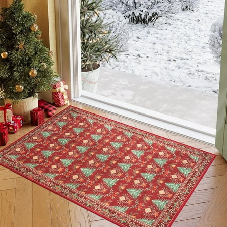 Lahome 2'x3'Washable Small Christmas Mat,Holiday Non Slip Christmas Tree Xmas Decoration Kitchen Rug,Indoor Carpets for Living Room,Red
