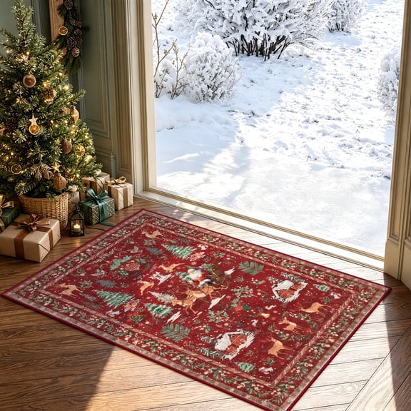 Lahome Christmas Rug,2'x3'Small Christmas Mat,Holiday Machine Washable Non Slip Christmas Xmas Decoration Kitchen Rug,Indoor Christmas Carpets for Living Room,Snowflake Rug,Red