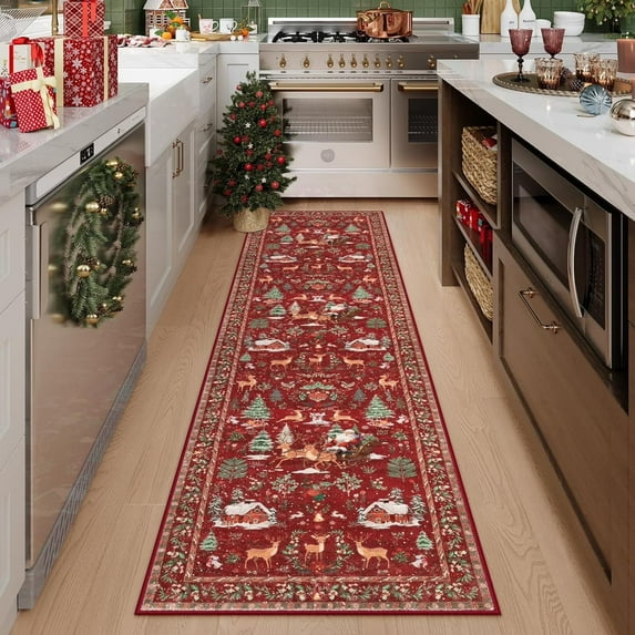 Lahome Christmas Rug,2'x8'Christmas Runner Rug,Holiday Machine Washable Non Slip Christmas Xmas Decoration Kitchen Rug Mat,Indoor Christmas Carpets for Living Room,Snowflake Rug,Red
