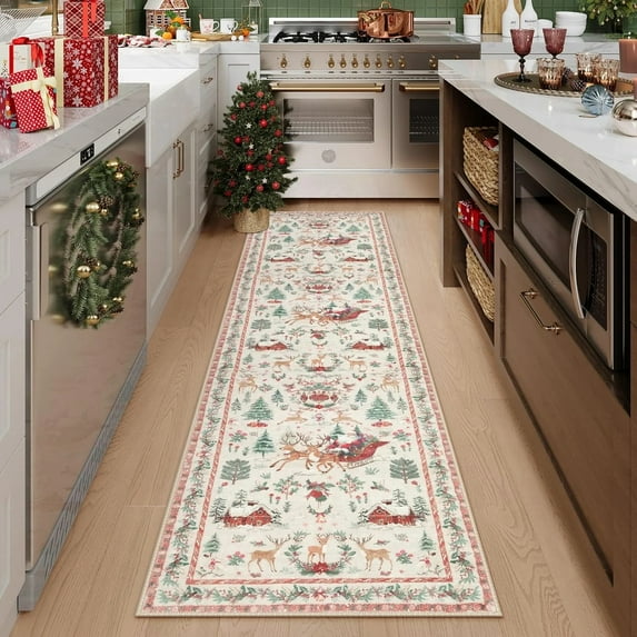 Lahome Christmas Rug,2'x8'Christmas Runner Rug,Holiday Machine Washable Non Slip Christmas Xmas Decoration Kitchen Rug Mat,Indoor Christmas Carpets for Living Room,Snowflake Rug,Beige