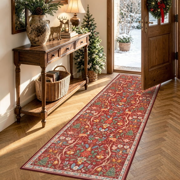 Lahome Christmas Runner Rug 2'x6', Red Vintage Holiday Washable Rugs for Hallway, Non-Slip Soft Carpet with Xmas Trees & Elk Design for Kitchen Entrance Bedroom, Red