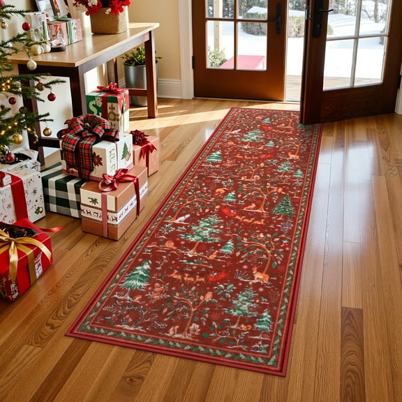 Lahome Christmas Runner Rug 2x6 Washable Hallway Runner Rugs,Red Tree Snowflake, Holiday Decoration Xmas Non-Slip Rubber Backing Indoor Floor Carpet Runner for Kitchen Bathroom Laundry Entryway