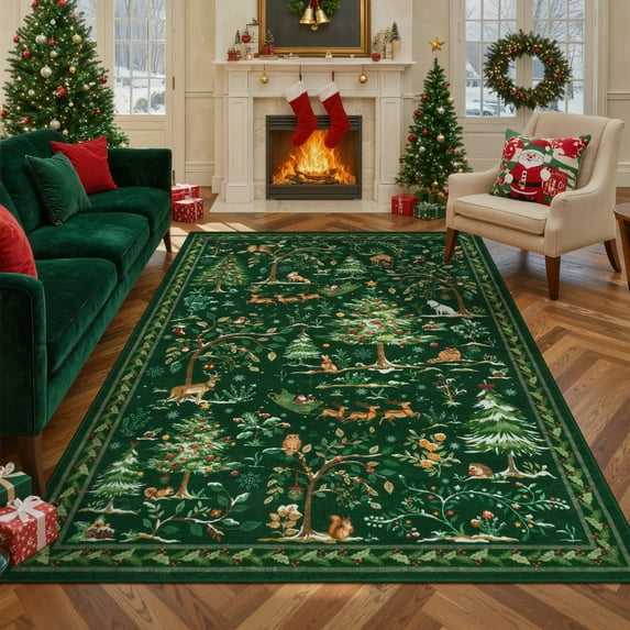 Lahome Christmas Vintage Area Rugs for Living Room,5'x7' Area Rugs Soft Washable Rug,Non-Slip Stain Resistant Boho Low-Pile Throw Carpet for Dining Room Office Holiday Decor(5x7ft,Green)