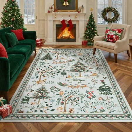 Lahome Christmas Vintage Area Rugs for Living Room, 5x7 Area Rugs Soft Washable Rug, Non-Slip Bedroom Rug Stain Resistant Boho Low-Pile Throw Carpet for ?Dining Room Office Holiday Decor (5x7ft,Gray)