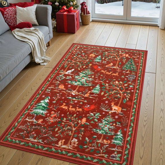 Lahome Christmas Washable Rug,3x5 Rug Non Slip Soft Bedroom Xmas Rugs for Entryway, Ultra-Thin Boho Rugs for Living Room Stain Resistan Throw Carpet for Nursery Entrance Holiday Decor,Red