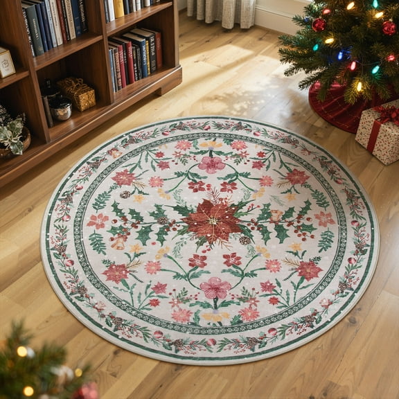 Lahome Christmas Wreath Round Area Rugs, Washable Small Round Rug 4ft Non-Slip, Soft Boho Ultra-Thin Circle Carpet for Bedroom Entryway Kitchen Laundry Bathroom Christmas Decoration,Beige/Cream