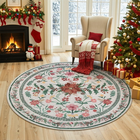 Lahome Christmas Wreath Round Area Rugs, Washable Small Round Rug 5ft Soft Non-Slip, Non-Shedding Boho Circle Carpet for Bedroom Living Room Bathroom Nursery Kitchen Holiday Decoration